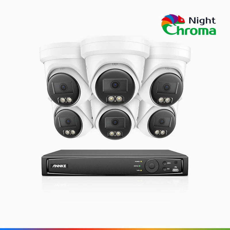 NightChroma TM NBRK800 - Kit de 6 cámaras de vigilancia PoE de 4K 12MP con videograbador NVR de 8 canales, luces intermitentes rojas y azules con sirena, 3840*2160@25 fps, detección de personas y vehículos, audio bidireccional, IP67