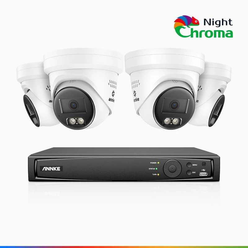 NightChroma TM NBRK800 - Kit de 4 cámaras de vigilancia PoE de 4K 12MP con videograbador NVR de 8 canales, luces intermitentes rojas y azules con sirena, 3840*2160@25 fps, detección de personas y vehículos, audio bidireccional, IP67