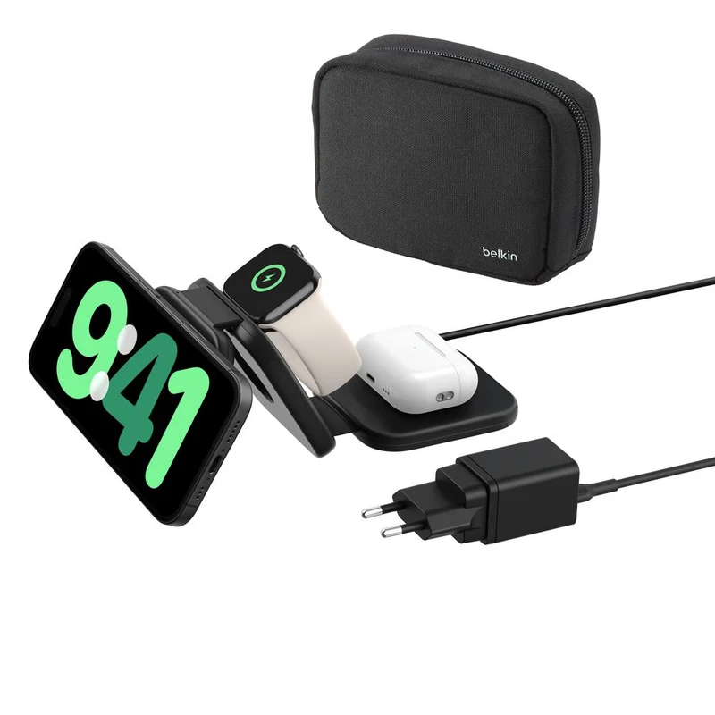 Cargador inalámbrico de viaje Qi2 de 15 W con soporte magnético 3 en 1 de Belkin