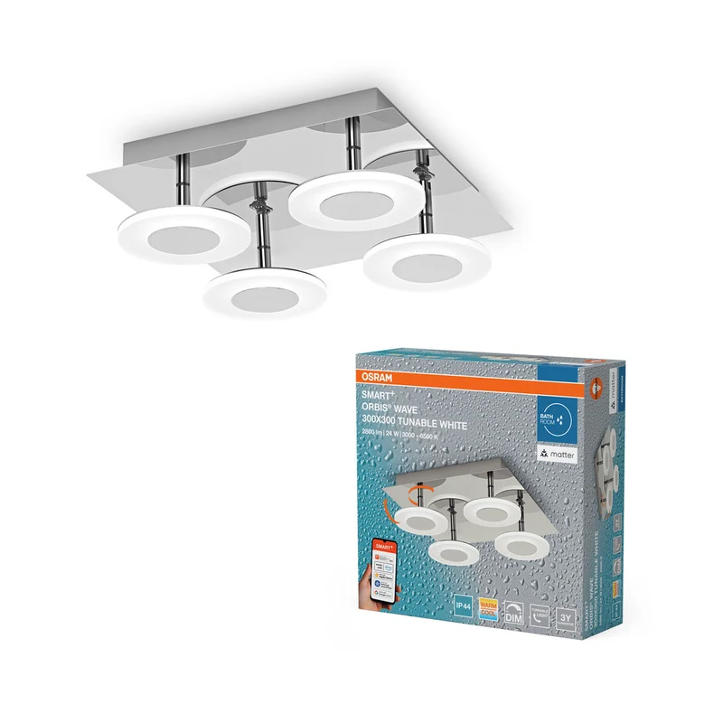 Lámpara de techo LED para baño OSRAM Matter SMART+ ORBIS WAVE, 30 x 30 cm, blanco regulable, 26 W/3000-6500 K