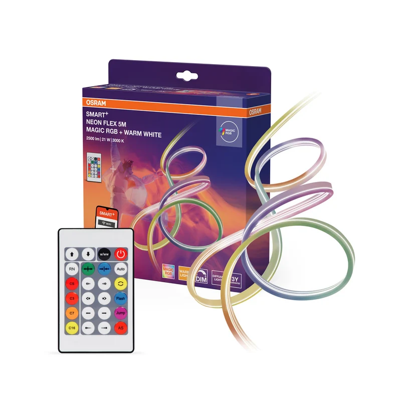 Tiras de luz LED OSRAM Wifi SMART+ NEON FLEX MAGIC RGB + BLANCO CÁLIDO, 5 m, 2500 lm, 21 W, 3000 K, con mando a distancia