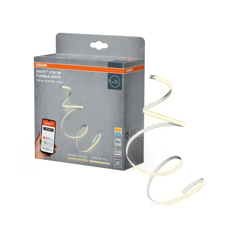 Tira de luz LED OSRAM Wifi SMART+ COB TUNABLE WHITE, 5 m, blanco sintonizable, 1700 lm, 18 W, 2700-6500 K, con control remoto