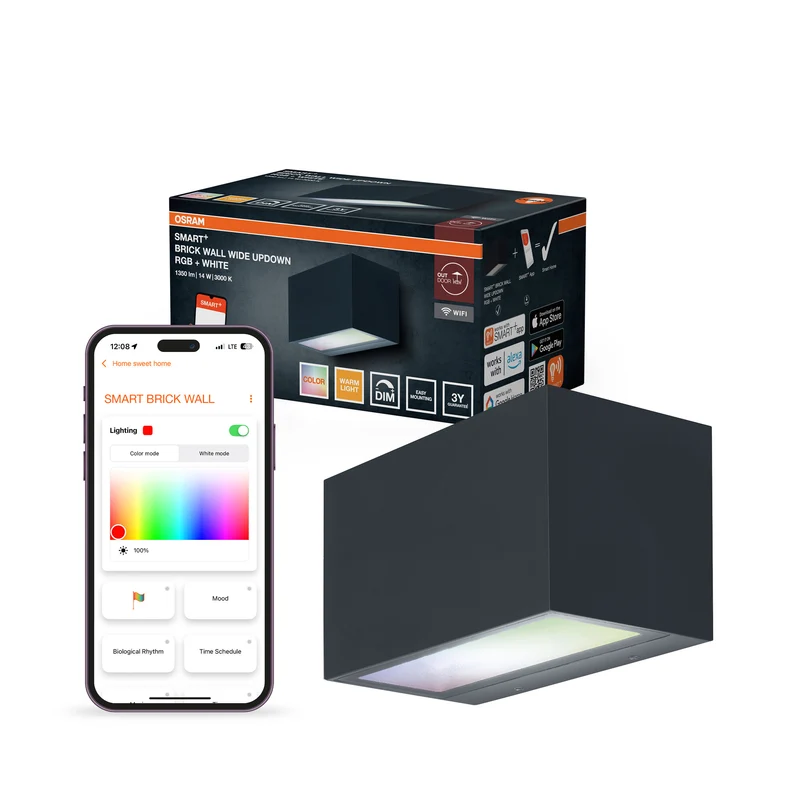 OSRAM SMART+ WiFi Brick Wide, aplique LED con luz hacia arriba y hacia abajo, gris oscuro, 14 W, 600 lm, RGB+W 3000 K, WiFi, Alexa, IP44, para exterior