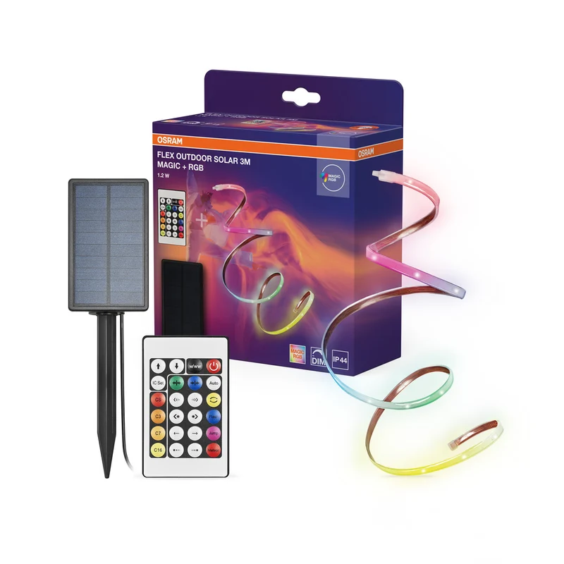 Tira de luz LED flexible OSRAM FLEX OUTDOOR SOLAR, 3M, 1,2W, control de color RGB, alimentación solar, IP44, con control remoto, regulable