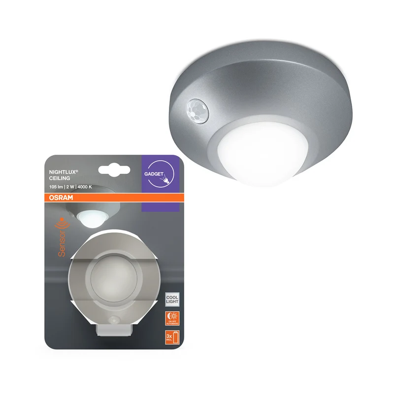 Lámpara de techo/luz nocturna LED OSRAM NIGHTLUX® con sensor, funciona con pilas, 2 W/4000 K, blanco frío, gris