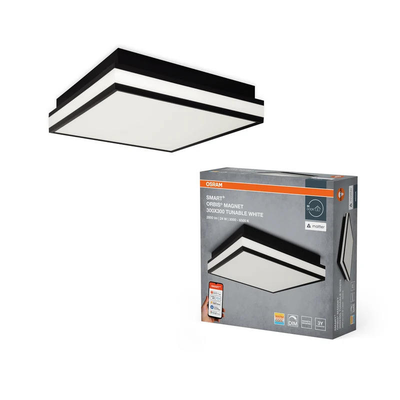 Lámpara de techo LED OSRAM Matter SMART+ ORBIS MAGNET 30x30cm Blanco modulable 26W / 3000-6500K Negro