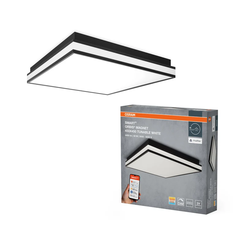 Lámpara de techo LED OSRAM Matter SMART+ ORBIS MAGNET 45 x 45 cm, blanco regulable, 42 W / 3000-6500 K, color negro