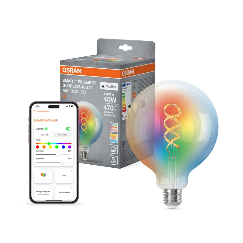 OSRAM SMART+ MATTER Filament Classic formas multicolor con forma de globo, lámpara LED, cristal transparente, 4,8 W, (equivalente a 40 W), 470 lm, RGBW, Matter, compatible con altavoces inteligentes, regulable