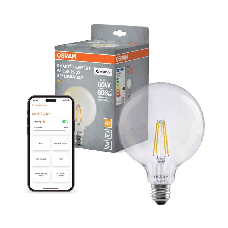 OSRAM SMART+ MATTER Filament Classic formas Regulable con forma de globo, lámpara LED, cristal transparente, 6 W, 806 lm, 2700 K, Matter, compatible con altavoces inteligentes, regulable