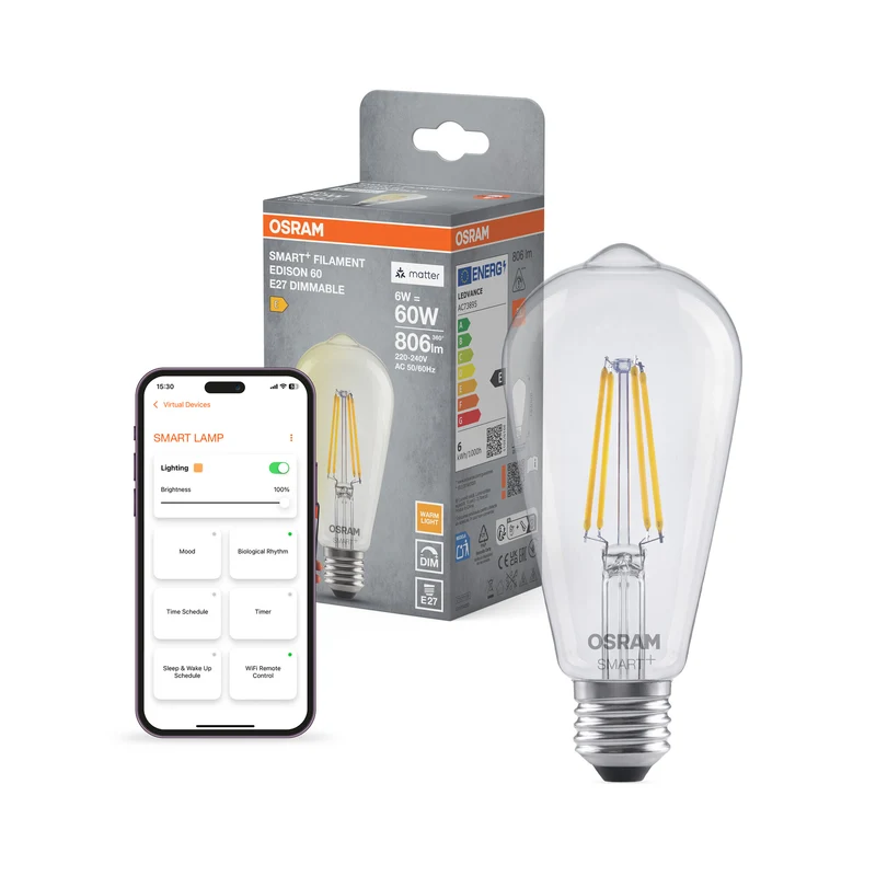 OSRAM SMART+ MATTER Filament Classic formas regulables con diseño Edison, bombilla LED, cristal transparente, 6 W, 806 lm, 2700 K, Matter, compatible con altavoces inteligentes, regulable