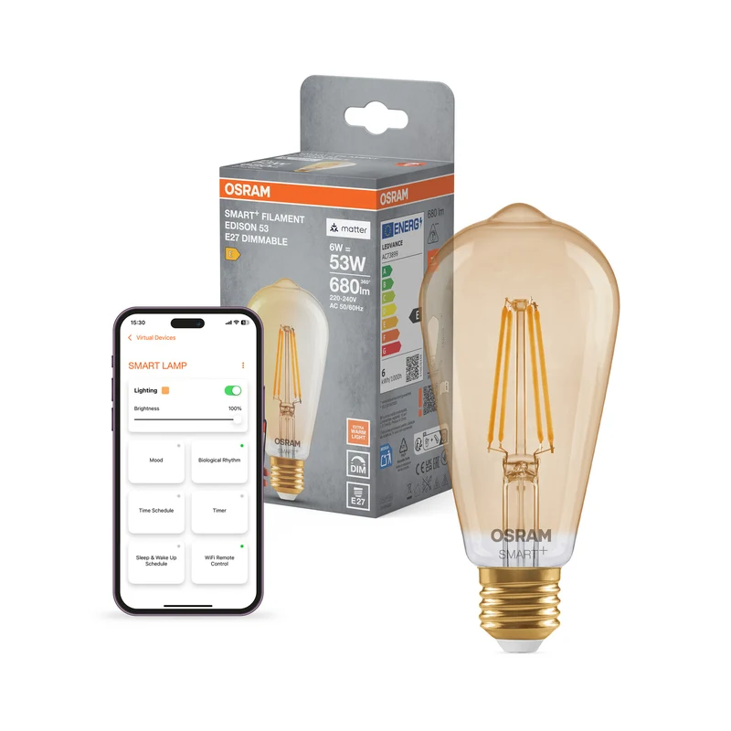 OSRAM SMART+ MATTER Filament Classic formas regulables con diseño Edison, bombilla LED, cristal, dorado, 6 W, 680 lm, 2400 K, Matter, compatible con altavoces inteligentes, regulable