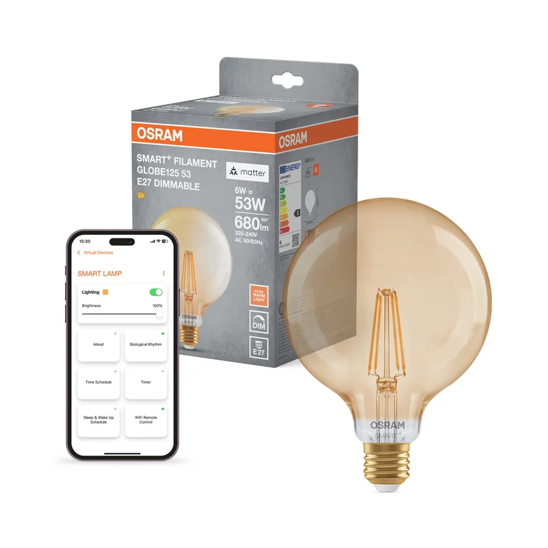 OSRAM SMART+ MATTER Filament Classic formas Regulable con forma de globo, lámpara LED, cristal, dorado, 6 W, 680 lm, 2400 K, Matter, compatible con altavoces inteligentes, regulable
