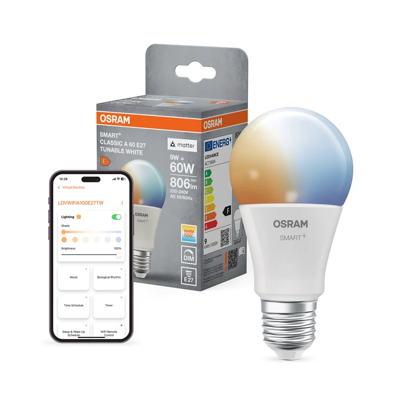 OSRAM SMART+ MATTER Classic Blanco regulable en forma de A, lámpara LED, mate, 9 W, 806 lm, de 2700 a 6500 K, Matter, compatible con altavoces inteligentes, regulable