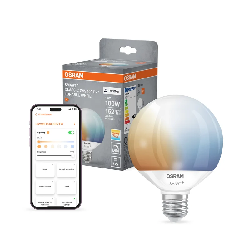 OSRAM SMART+ MATTER Classic formas Blanco regulable con forma de globo, bombilla LED, mate, 14 W, 1521 lm, de 2700 a 6500 K, Matter, compatible con altavoces inteligentes, regulable