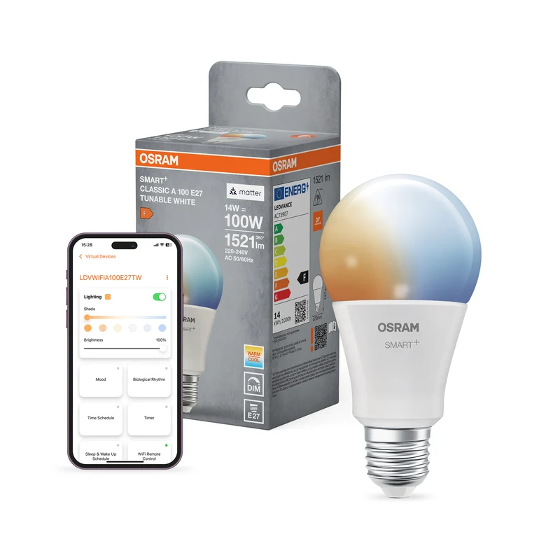 OSRAM SMART+ MATTER Classic Blanco regulable en forma de A, lámpara LED, mate, 14 W, 1521 lm, de 2700 a 6500 K, Matter, compatible con altavoces inteligentes, regulable