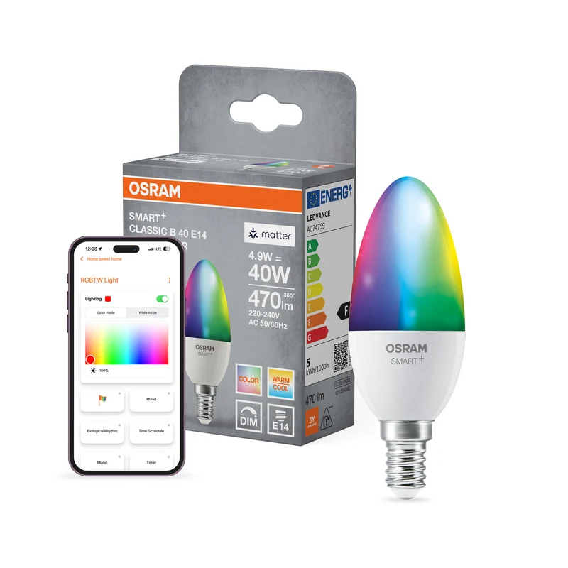 OSRAM SMART+ MATTER Classic Multicolor en forma de B, lámpara LED, mate, 4,9 W, 470 lm, de 2700 a 6500 K, Matter, compatible con altavoces inteligentes, regulable