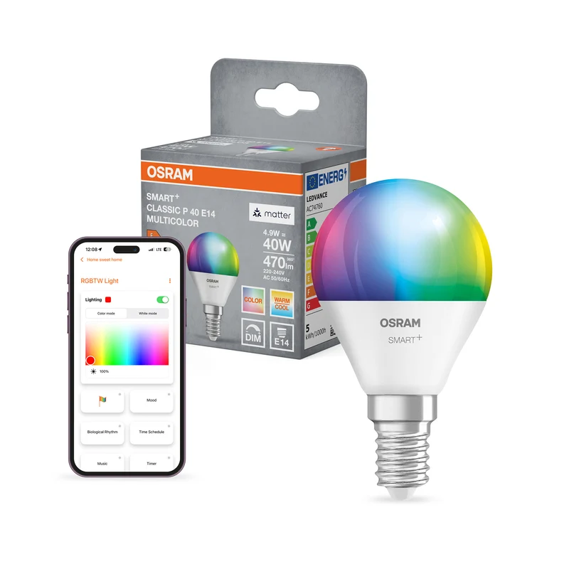 OSRAM SMART+ MATTER Classic formas multicolor en forma de P, bombilla LED, mate, 4,9 W, 470 lm, de 2700 a 6500 K, Matter, compatible con altavoces inteligentes, regulable