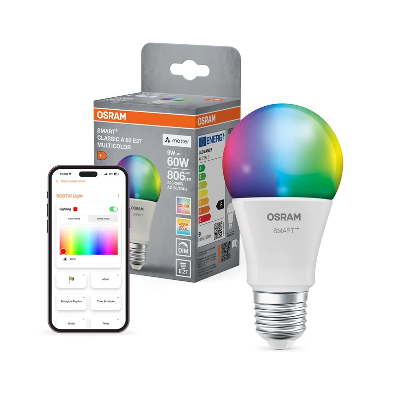 OSRAM SMART+ MATTER Classic formas multicolor en forma de A, bombilla LED, mate, 9 W, 806 lm, de 2700 a 6500 K, Matter, compatible con altavoces inteligentes, regulable