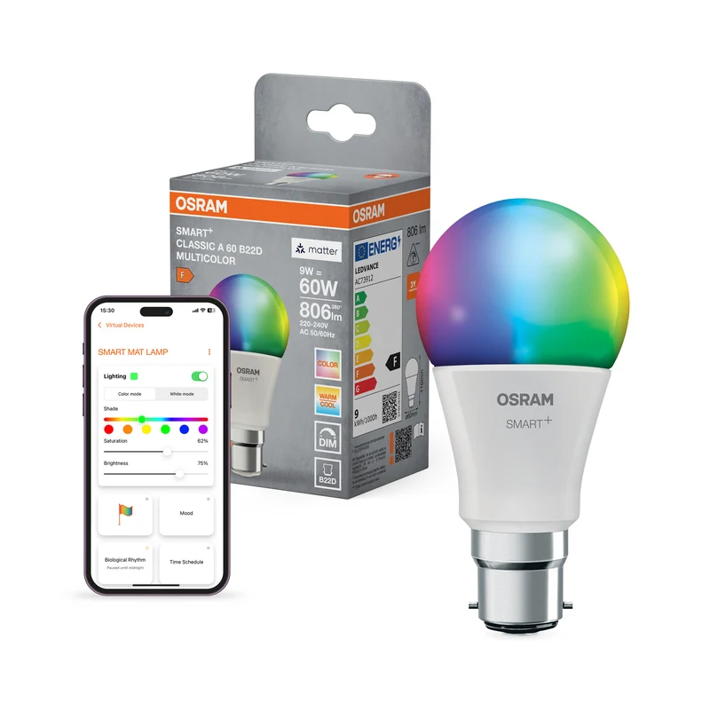 OSRAM SMART+ MATTER Classic formas multicolor en forma de A, bombilla LED, mate, 9 W, 806 lm, de 2700 a 6500 K, Matter, compatible con altavoces inteligentes, regulable
