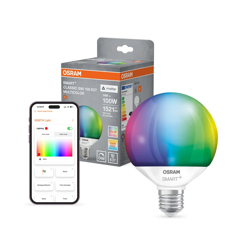 OSRAM SMART+ MATTER Classic formas multicolor con forma de globo, bombilla LED, mate, 14 W, 1521 lm, de 2700 a 6500 K, Matter, compatible con altavoces inteligentes, regulable