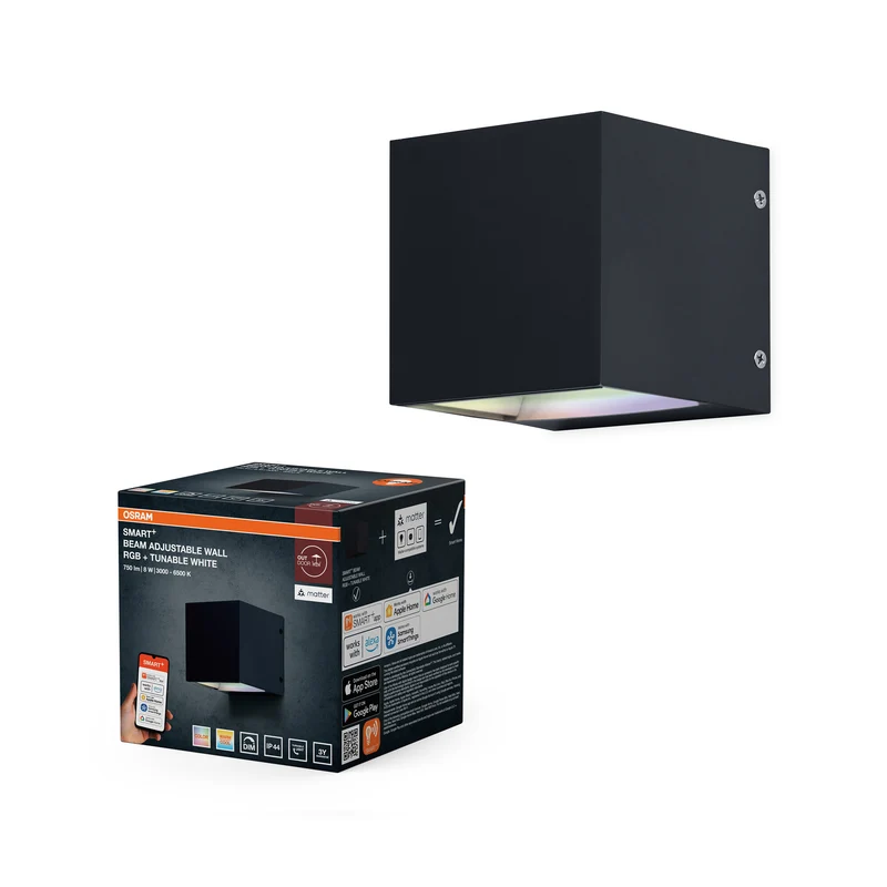 OSRAM SMART+ Matter Aplique LED de haz ajustable, negro, 8 W, 320 lm, RGB+TW 3000-6500 K, WiFi, Alexa, IP44, para exterior
