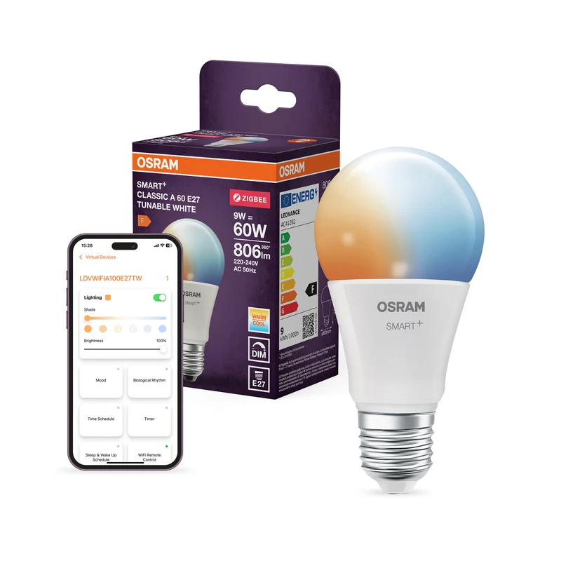 OSRAM SMART+ ZIGBEE Temperatura de color regulable en forma de A, bombilla LED, mate, 9 W, 806 lm, de 2700 a 6500 K, Wi-Fi, Google Assistant, Amazon Alexa, compatible con altavoces inteligentes, regulable