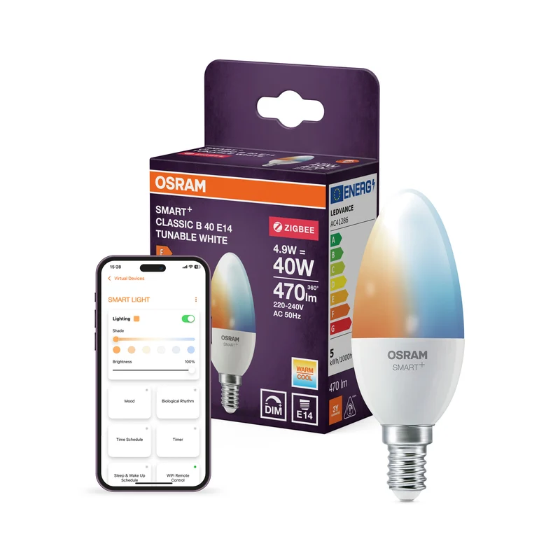OSRAM SMART+ ZIGBEE Temperatura de color regulable en forma de B, bombilla LED, mate, 4,9 W, 470 lm, de 2700 a 6500 K, Wi-Fi, Google Assistant, Amazon Alexa, compatible con altavoces inteligentes, regulable