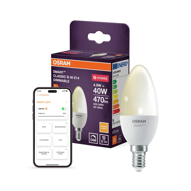OSRAM SMART+ ZIGBEE Classic Regulable, forma de B, bombilla LED, mate, 4,9 W, 470 lm, 2700 K, Wi-Fi, Google Assistant, Amazon Alexa, compatible con altavoces inteligentes, regulable, CRI 80