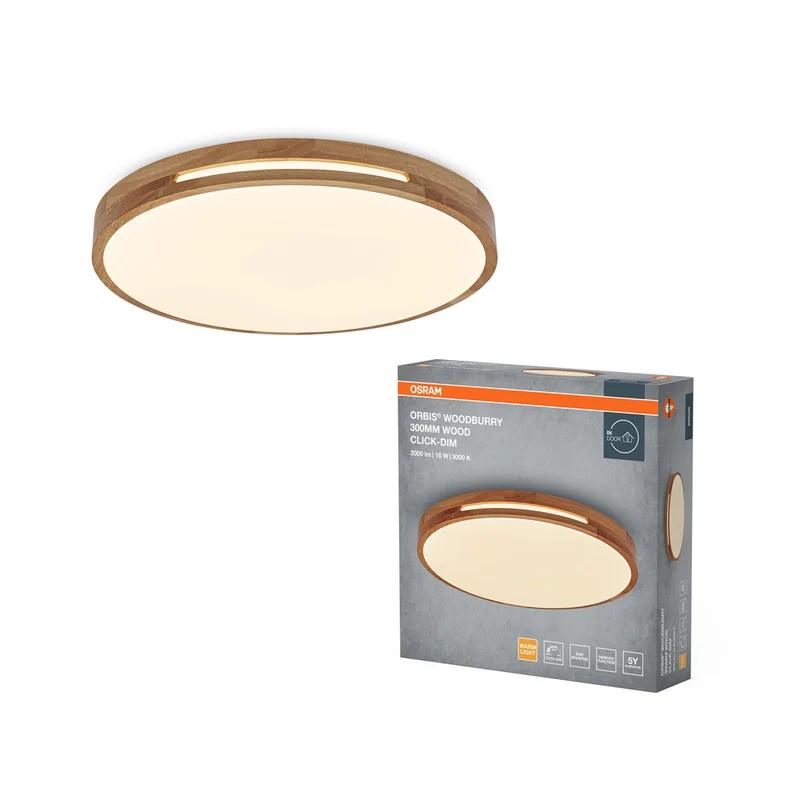 Lámpara de techo OSRAM ORBIS Woodburry, regulable Click-DIM, 16 W, 300 mm, madera