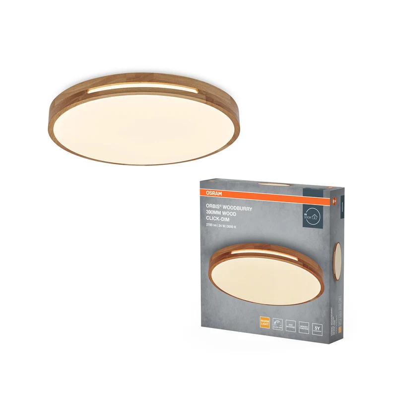 Lámpara de techo OSRAM ORBIS Woodburry, regulable Click-DIM, 24 W, 390 mm, madera