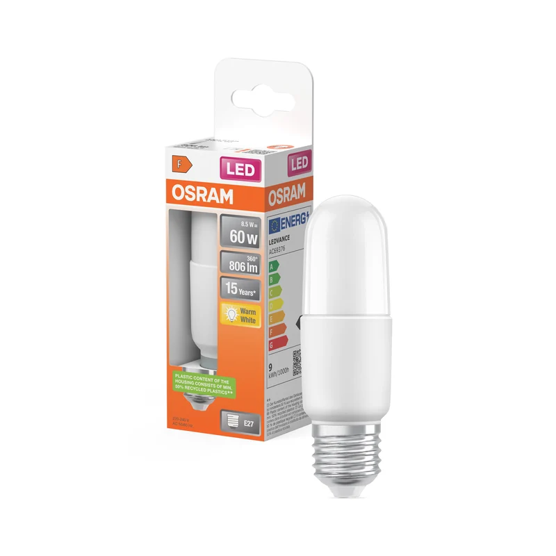 Lámpara OSRAM LED PCR CLASSIC STICK con forma de barra, lámpara LED, mate, 8,5 W, (equivalente a 60 W), 806 lm, blanco cálido, 2700 K, 15 000 h, CRI 80