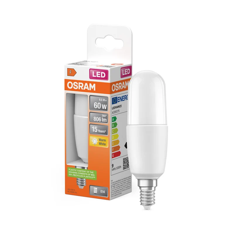 Lámpara OSRAM LED PCR CLASSIC STICK con forma de barra, lámpara LED, mate, 8,5 W, (equivalente a 60 W), 806 lm, blanco cálido, 2700 K, 15 000 h, CRI 80