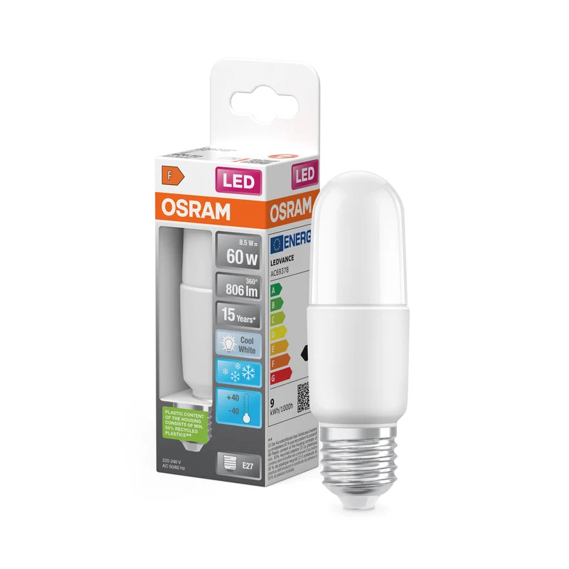Lámpara OSRAM LED PCR CLASSIC STICK con forma de barra, lámpara LED, mate, 8 W, (equivalente a 60 W), 806 lm, blanco frío, 4000 K, 15 000 h, CRI ≥80