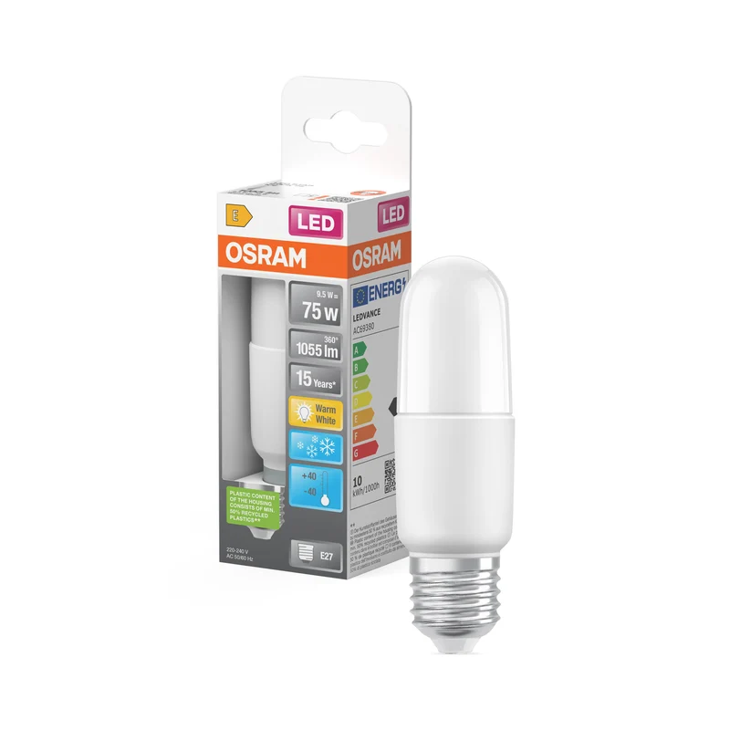 Lámpara OSRAM LED PCR CLASSIC STICK con forma de barra, lámpara LED, mate, 9,5 W, (equivalente a 75 W), 1055 lm, blanco cálido, 2700 K, 15 000 h, CRI 80