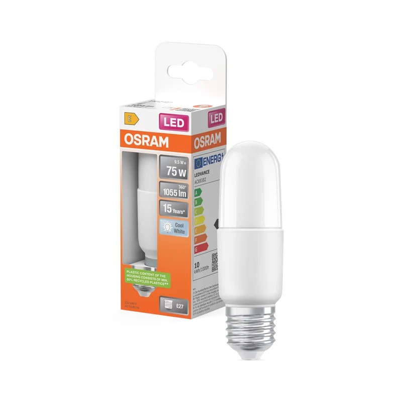 Lámpara OSRAM LED PCR CLASSIC STICK con forma de barra, lámpara LED, mate, 9,5 W, (equivalente a 75 W), 1055 lm, blanco frío, 4000 K, 15 000 h, CRI 80