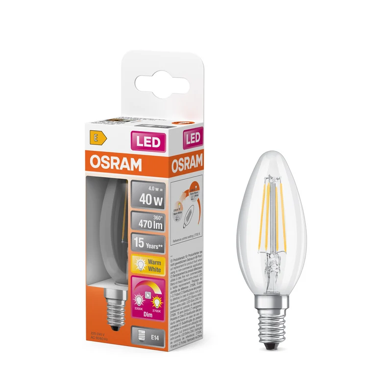 Lámpara LED OSRAM SUPERSTAR CLASSIC B GLOWdim 4W 822…827 E14, 470 lm, 2200…2700 K, blanco cálido regulable