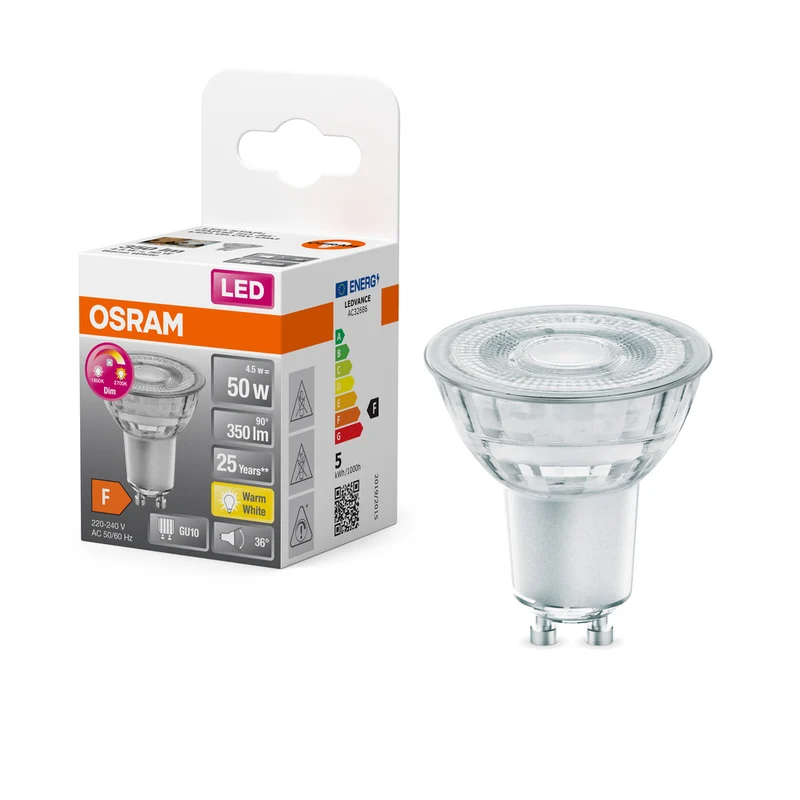 Lámpara LED OSRAM SUPERSTAR PAR16 GLOWdim 4,5W 827 GU10, 350 lm, 1800…2700 K, Blanco cálido
