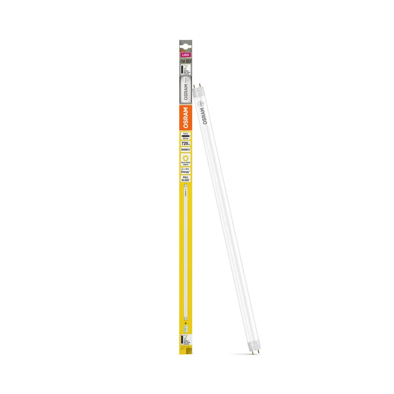 OSRAM LED TUBE T8 EM en tubo, con casquillos a ambos extremos, tubo LED, cristal sin plomo, mate, 6,6 W, (antes 18 W), 720 lm, blanco cálido, 3000 K, 30 000 h, CRI 80