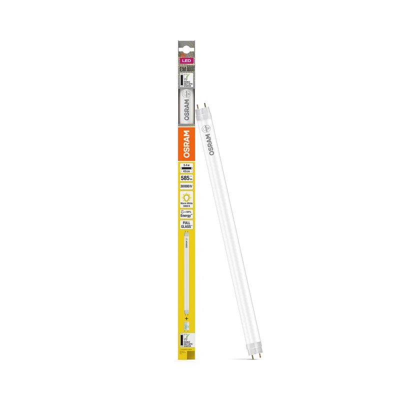 OSRAM LED TUBE T8 EM en tubo, con casquillos a ambos extremos, tubo LED, cristal sin plomo, mate, 5,4 W, (antes 15 W), 585 lm, blanco cálido, 3000 K, 30 000 h, CRI 80