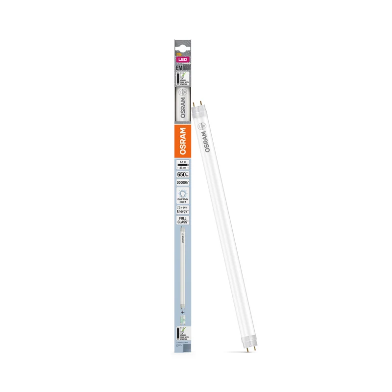 Tubo LED OSRAM T8 EM, con casquillos a ambos extremos, tubo LED, cristal sin plomo, mate, 5,4 W, (antes 15 W), 650 lm, blanco frío, 4000 K, 30 000 h, CRI 80