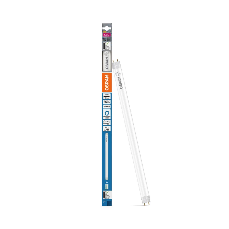 OSRAM LED TUBE T8 EM en tubo, con casquillos a ambos extremos, tubo LED, cristal sin plomo, mate, 5,4 W, (antes 15 W), 650 lm, blanco frío, 6500 K, 30 000 h, CRI 80