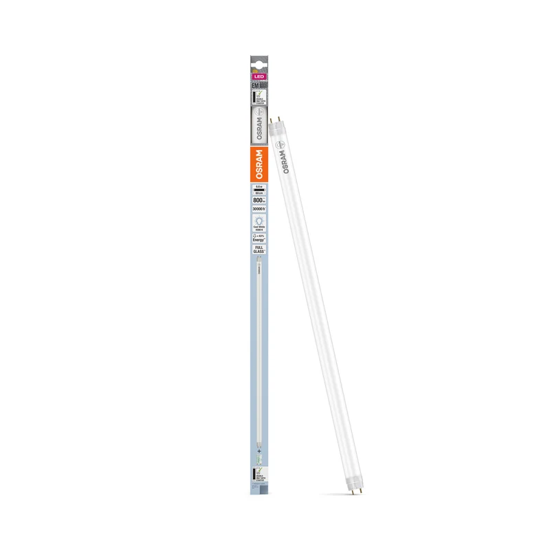 Tubo LED OSRAM T8 EM, con casquillos a ambos extremos, tubo LED, cristal sin plomo, mate, 6,6 W, (antes 18 W), 800 lm, blanco frío, 4000 K, 30 000 h, CRI 80