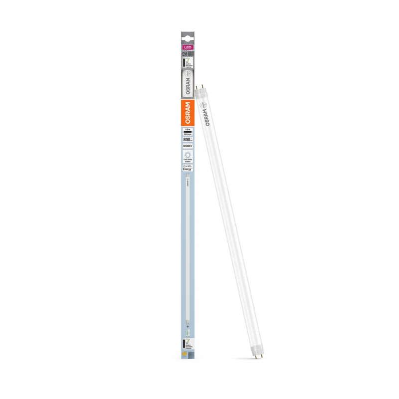 OSRAM LED TUBE T8 EM PLASTIC en tubo, con casquillos a ambos extremos, tubo LED, mate, 6,6 W, (antes 18 W), 800 lm, blanco frío, 4000 K, 30 000 h, CRI 80