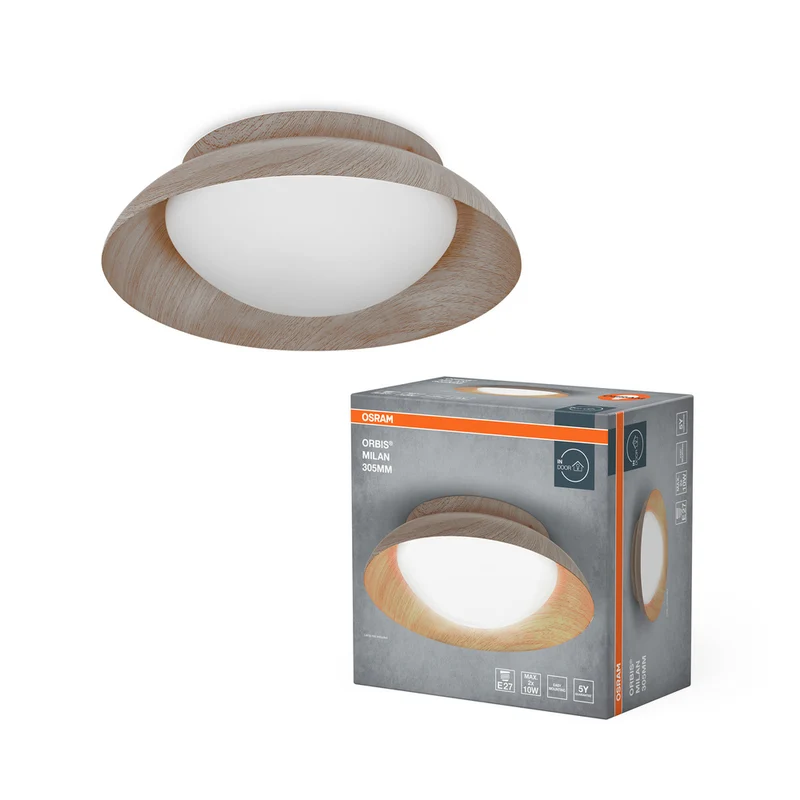 Lámpara de techo OSRAM ORBIS MILAN de 305 mm, color madera, 2 bombillas E27