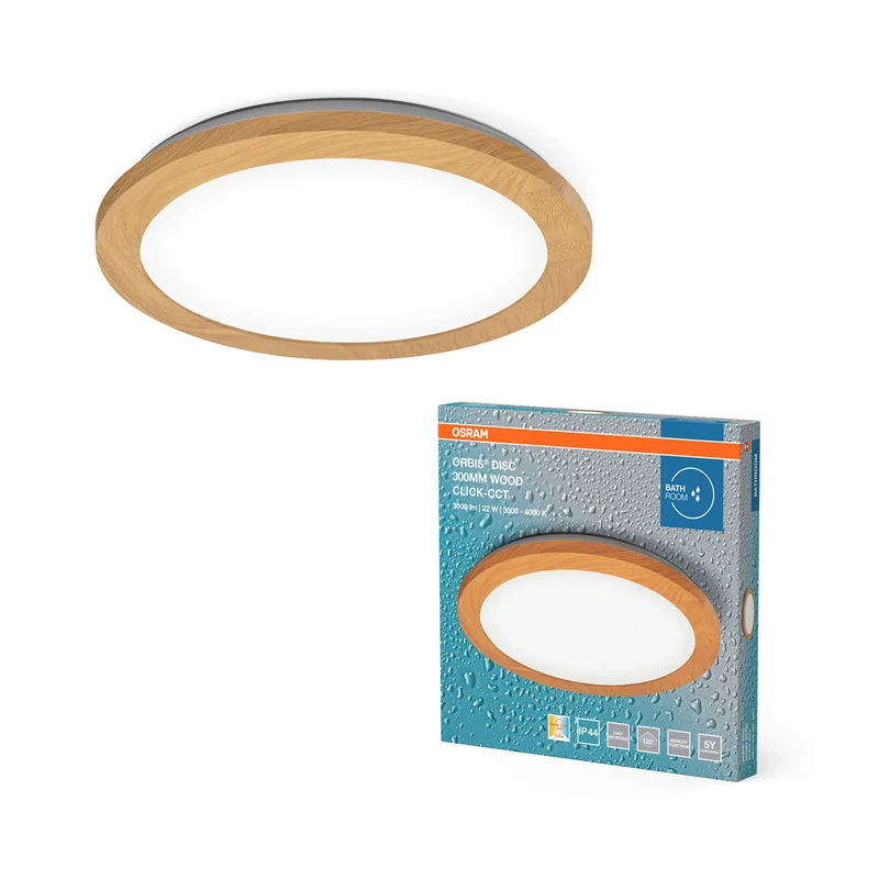 Lámpara de techo para baño OSRAM ORBIS Disc, 30 cm, 22 W, IP44, decoración de madera
