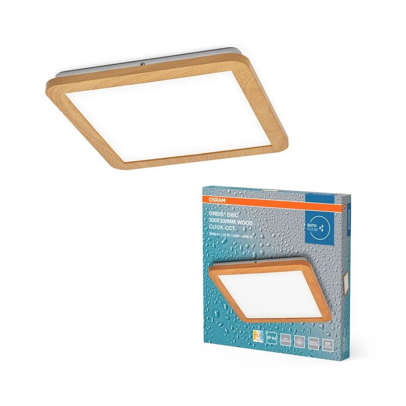 Lámpara de techo para baño OSRAM ORBIS Disc 30x30cm 22W IP44 Decoración madera