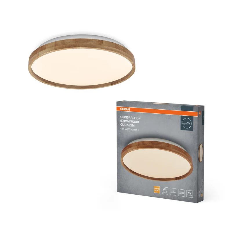 Lámpara de techo OSRAM ORBIS Alison de 36 W regulable Click-DIM, 500 mm, decoración de madera