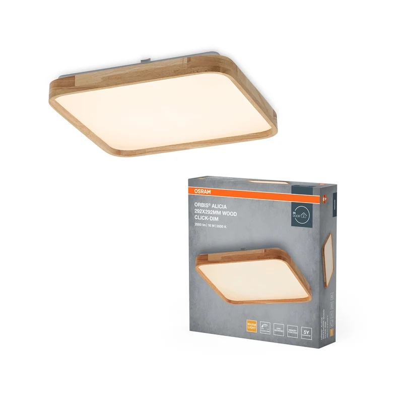 Lámpara de techo OSRAM ORBIS Alicia, regulable Click-DIM, 16 W, 292 x 292 mm, decoración de madera