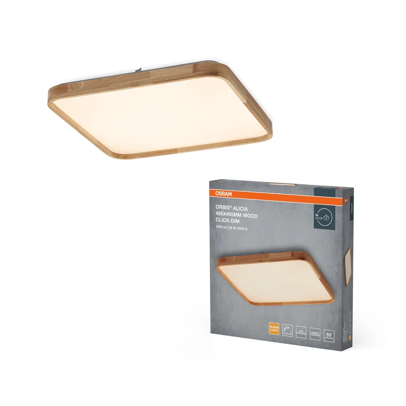 Lámpara de techo OSRAM ORBIS Alicia, regulable Click-DIM, 36 W, 495 x 495 mm, decoración de madera