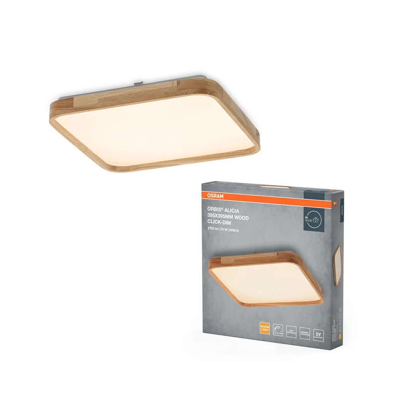 Lámpara de techo OSRAM ORBIS Alicia, regulable Click-DIM, 24 W, 395 x 395 mm, decoración de madera